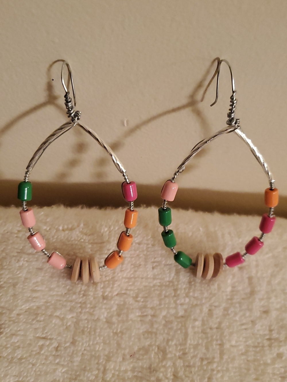 Handcrafted Multicolor Bead Hoop Earrings - Pink, Green & Orange